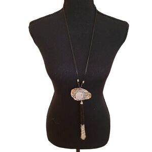 Fashion Jewelry Womens Double Black Bolo Style Gemstone Tassel Beaded Necklace